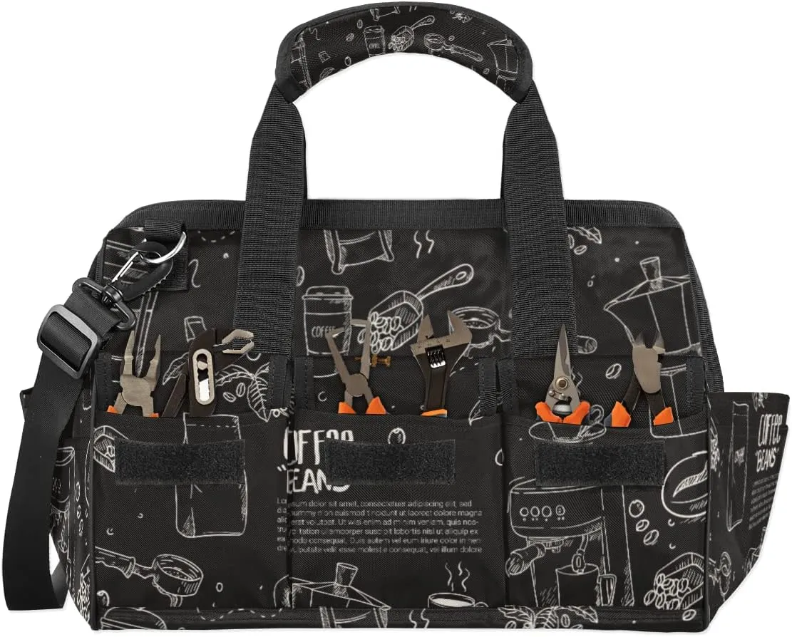 Hand Drawn Coffee Equipment Composition Background Tool Bag for Men Women Heavy Duty Multi-Pockets Wide Mouth Tool Tote Waterproof Tool Bag Organizer with Adjustable Shoulder Strap