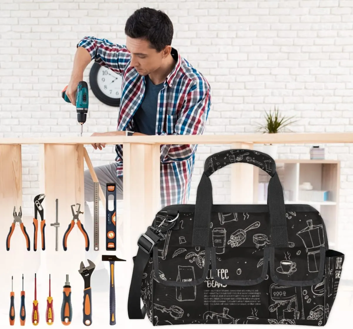 Hand Drawn Coffee Equipment Composition Background Tool Bag for Men Women Heavy Duty Multi-Pockets Wide Mouth Tool Tote Waterproof Tool Bag Organizer with Adjustable Shoulder Strap