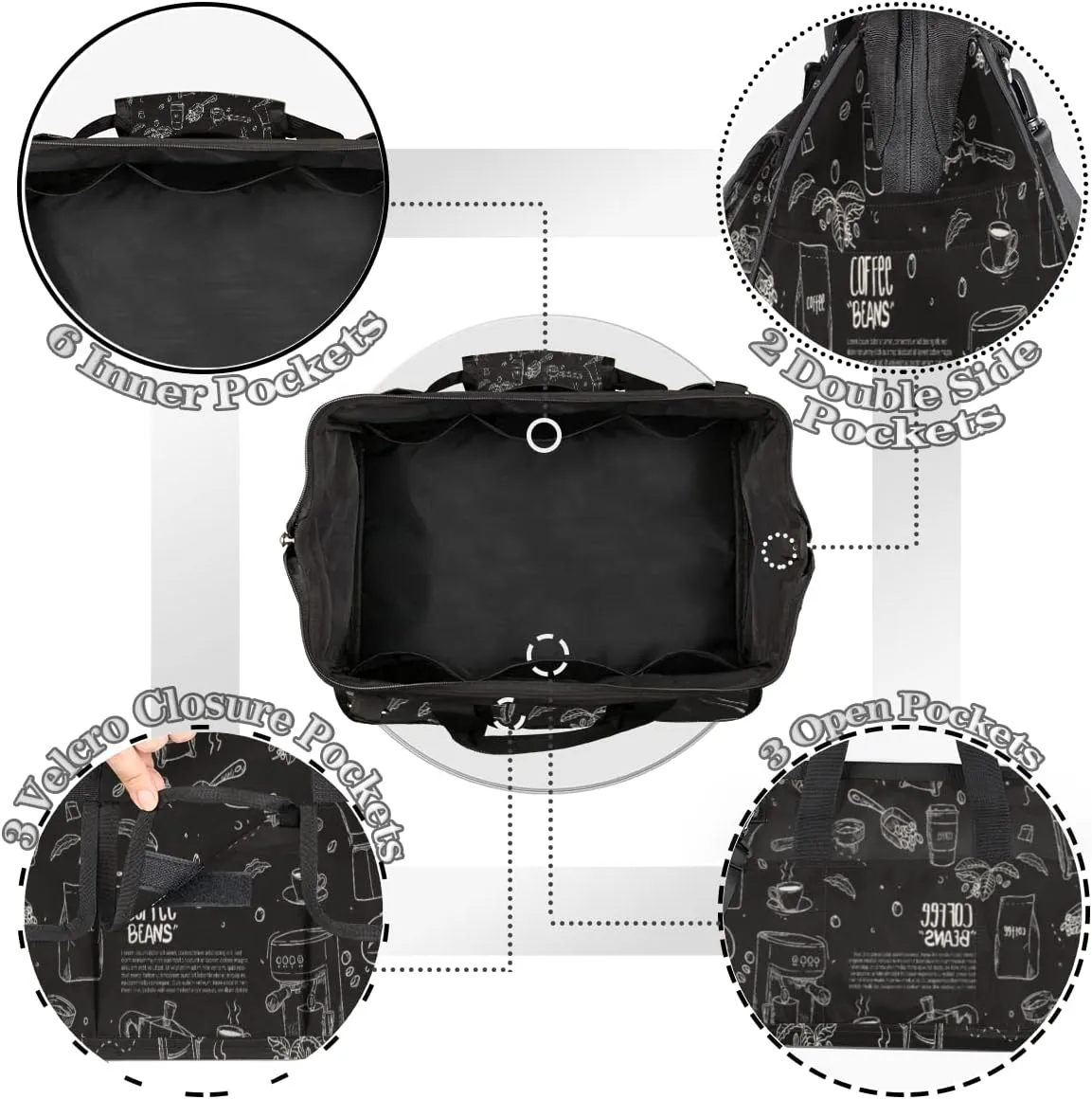 Hand Drawn Coffee Equipment Composition Background Tool Bag for Men Women Heavy Duty Multi-Pockets Wide Mouth Tool Tote Waterproof Tool Bag Organizer with Adjustable Shoulder Strap