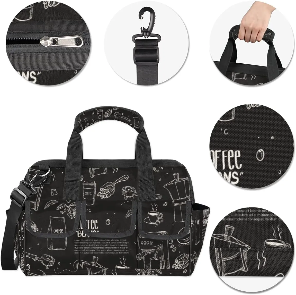 Hand Drawn Coffee Equipment Composition Background Tool Bag for Men Women Heavy Duty Multi-Pockets Wide Mouth Tool Tote Waterproof Tool Bag Organizer with Adjustable Shoulder Strap