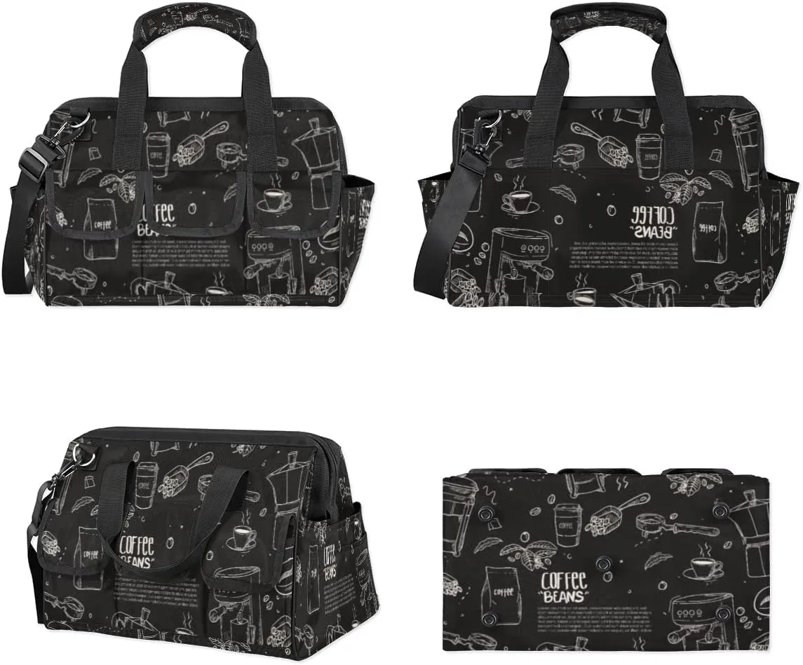 Hand Drawn Coffee Equipment Composition Background Tool Bag for Men Women Heavy Duty Multi-Pockets Wide Mouth Tool Tote Waterproof Tool Bag Organizer with Adjustable Shoulder Strap