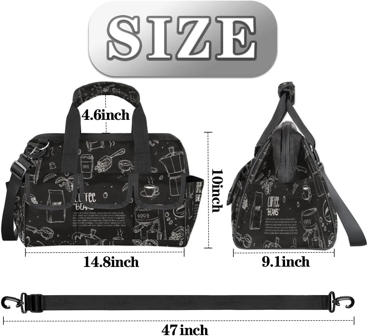 Hand Drawn Coffee Equipment Composition Background Tool Bag for Men Women Heavy Duty Multi-Pockets Wide Mouth Tool Tote Waterproof Tool Bag Organizer with Adjustable Shoulder Strap