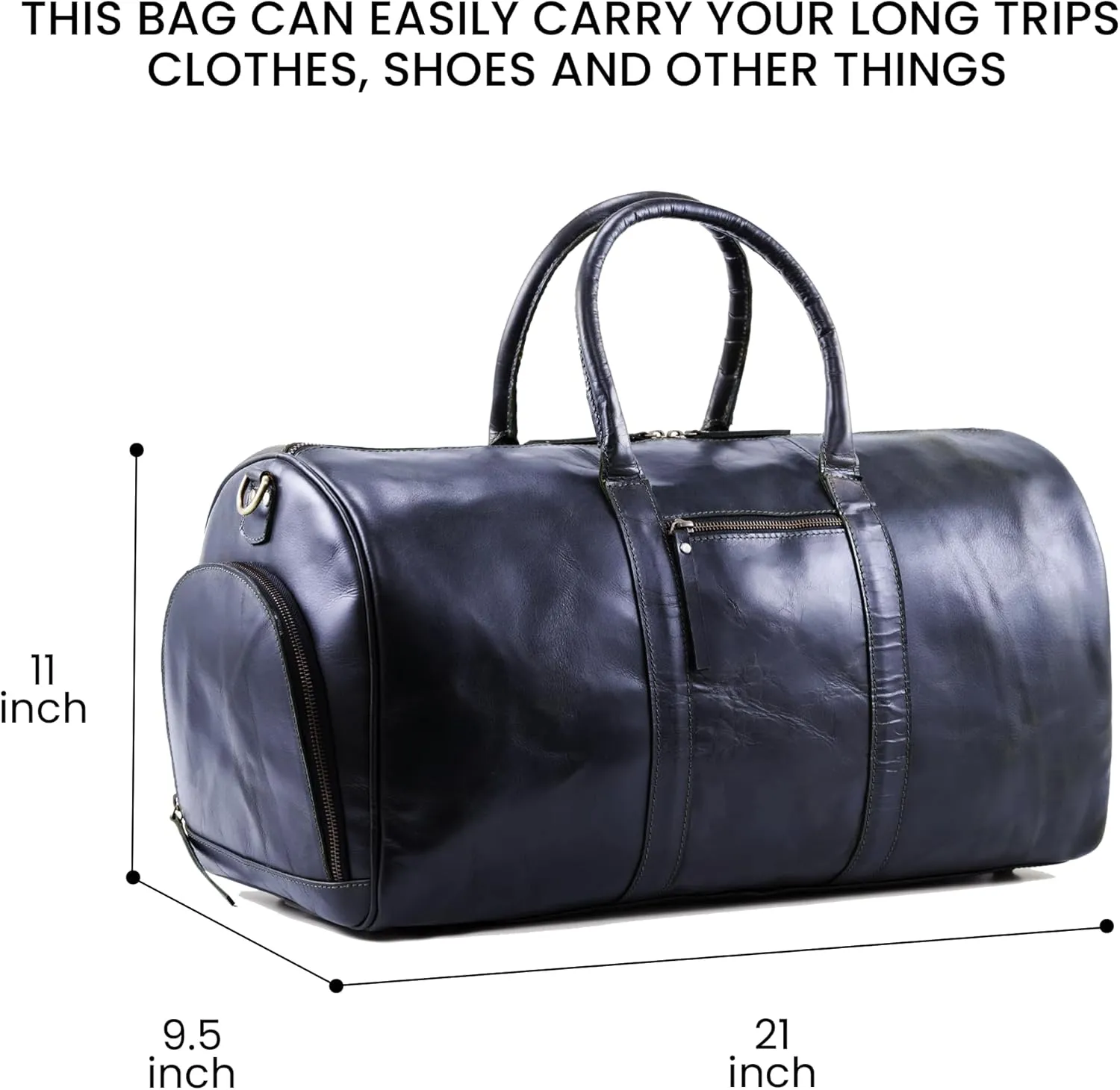 Handmade World Full Grain Buffalo Leather Travel Weekender Overnight Duffel Bag Gym Sports Luggage Tote Duffle Bags with Shoes Compartment for Men Women (Navy Blue)