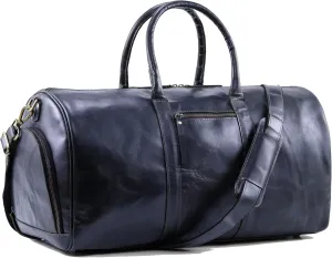 Handmade World Full Grain Buffalo Leather Travel Weekender Overnight Duffel Bag Gym Sports Luggage Tote Duffle Bags with Shoes Compartment for Men Women (Navy Blue)