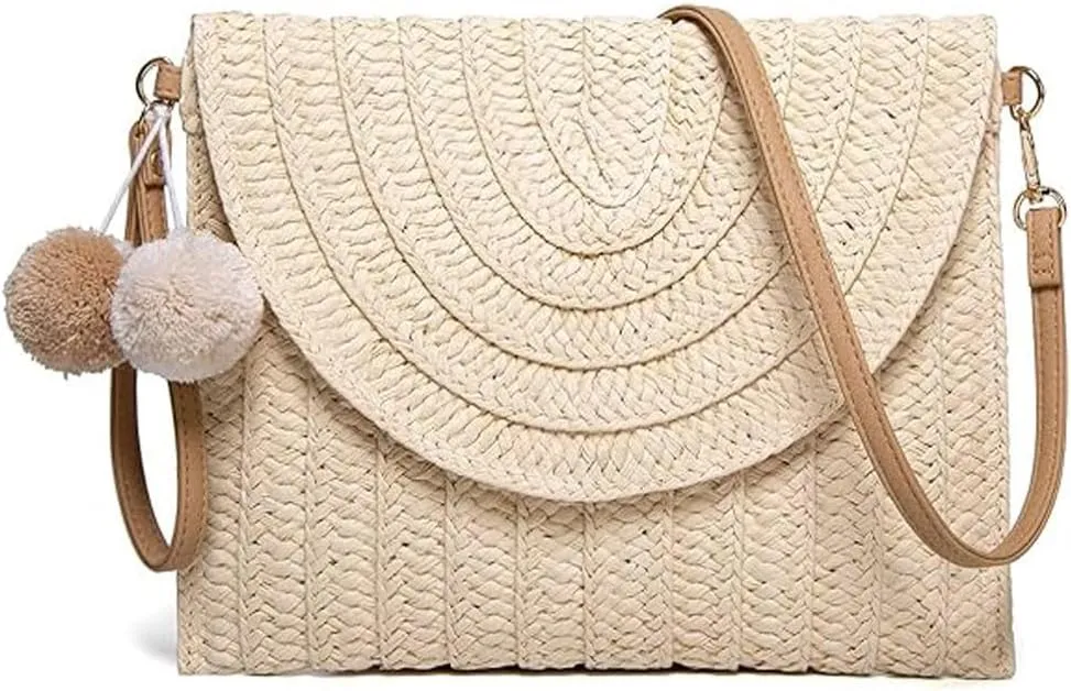 Handmade Woven Straw Crossbody Bag for Women - Summer Beach Clutch Purse with Shoulder Strap & Envelope Design
