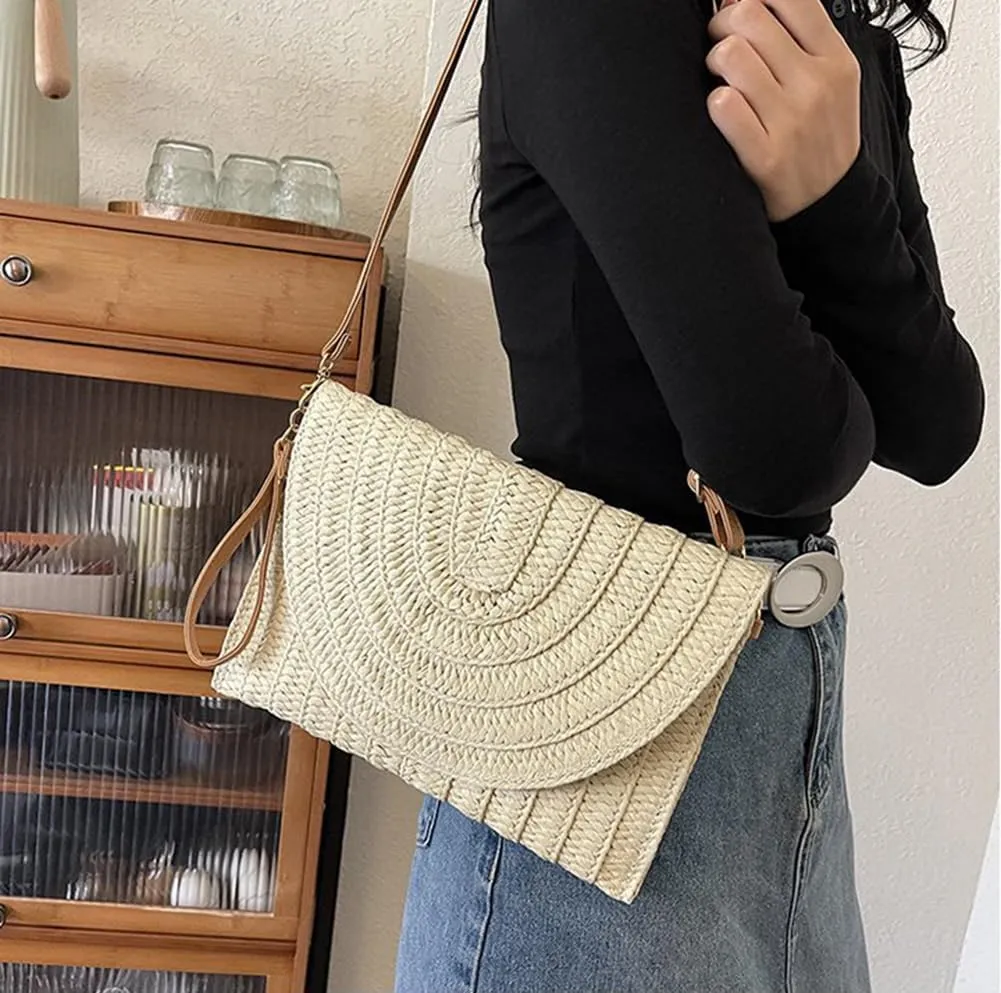 Handmade Woven Straw Crossbody Bag for Women - Summer Beach Clutch Purse with Shoulder Strap & Envelope Design