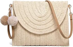 Handmade Woven Straw Crossbody Bag for Women - Summer Beach Clutch Purse with Shoulder Strap & Envelope Design