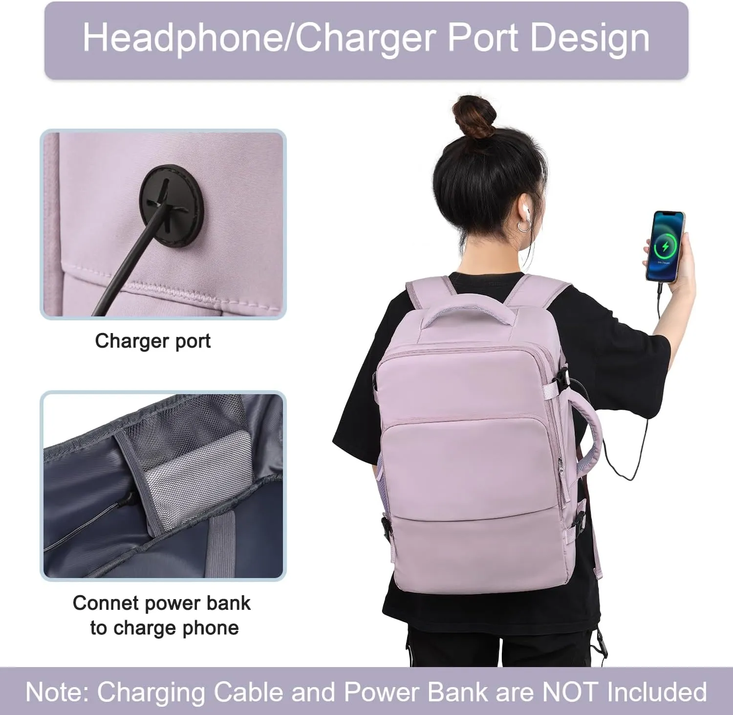 Hanples Large Travel Laptop Backpack for Men Women, Light Purple, 16 Inch Laptop Compartment