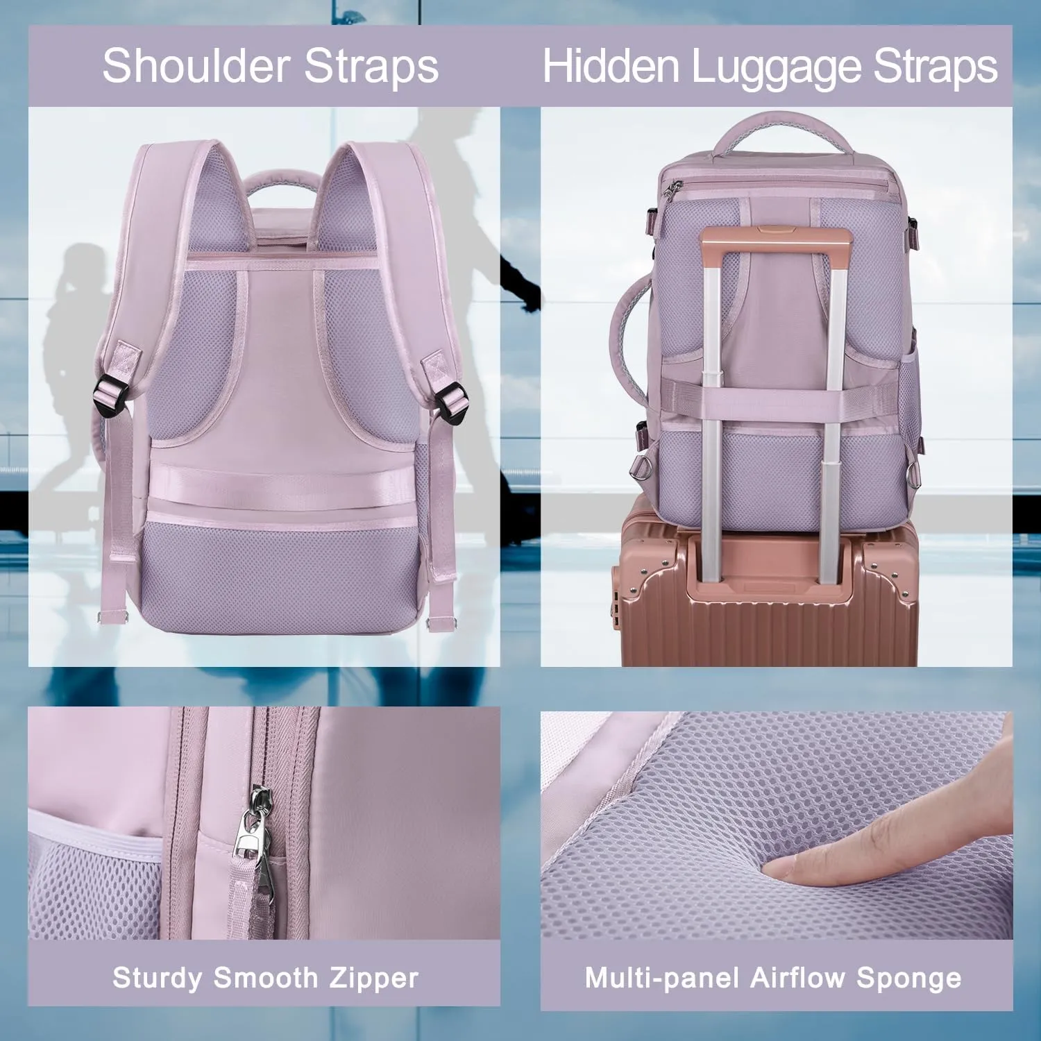 Hanples Large Travel Laptop Backpack for Men Women, Light Purple, 16 Inch Laptop Compartment