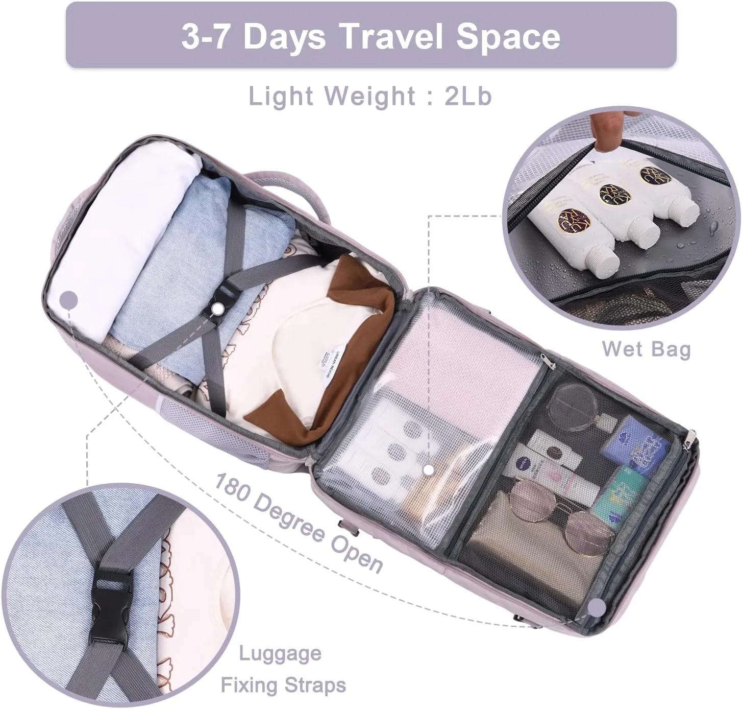 Hanples Large Travel Laptop Backpack for Men Women, Light Purple, 16 Inch Laptop Compartment