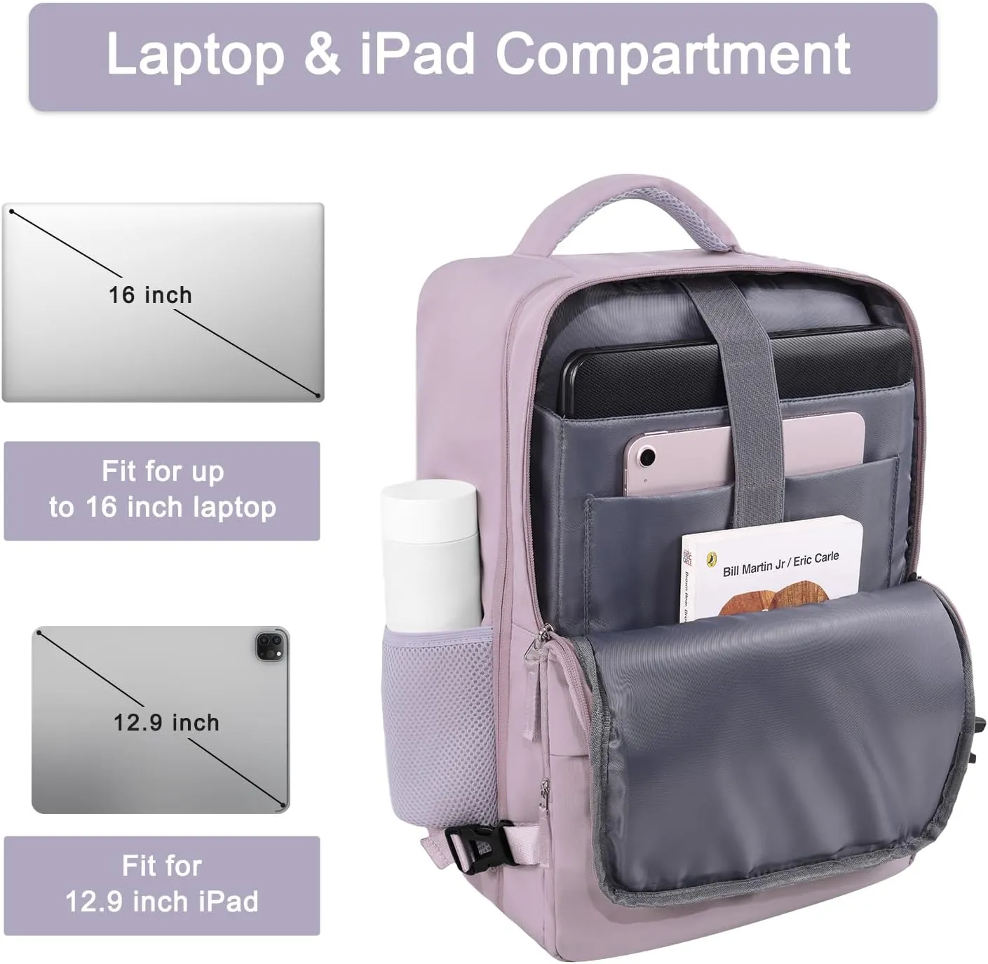 Hanples Large Travel Laptop Backpack for Men Women, Light Purple, 16 Inch Laptop Compartment