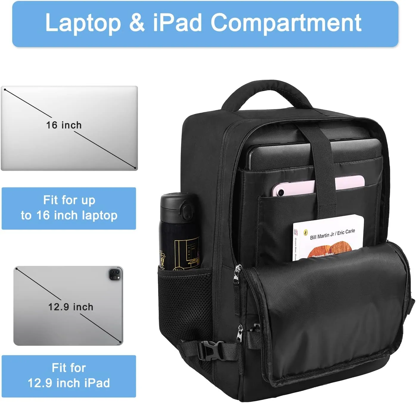 Hanples Unisex Laptop Backpack, Black, 16 Inch Laptop and iPad Compartment, Suitable for Air Travel