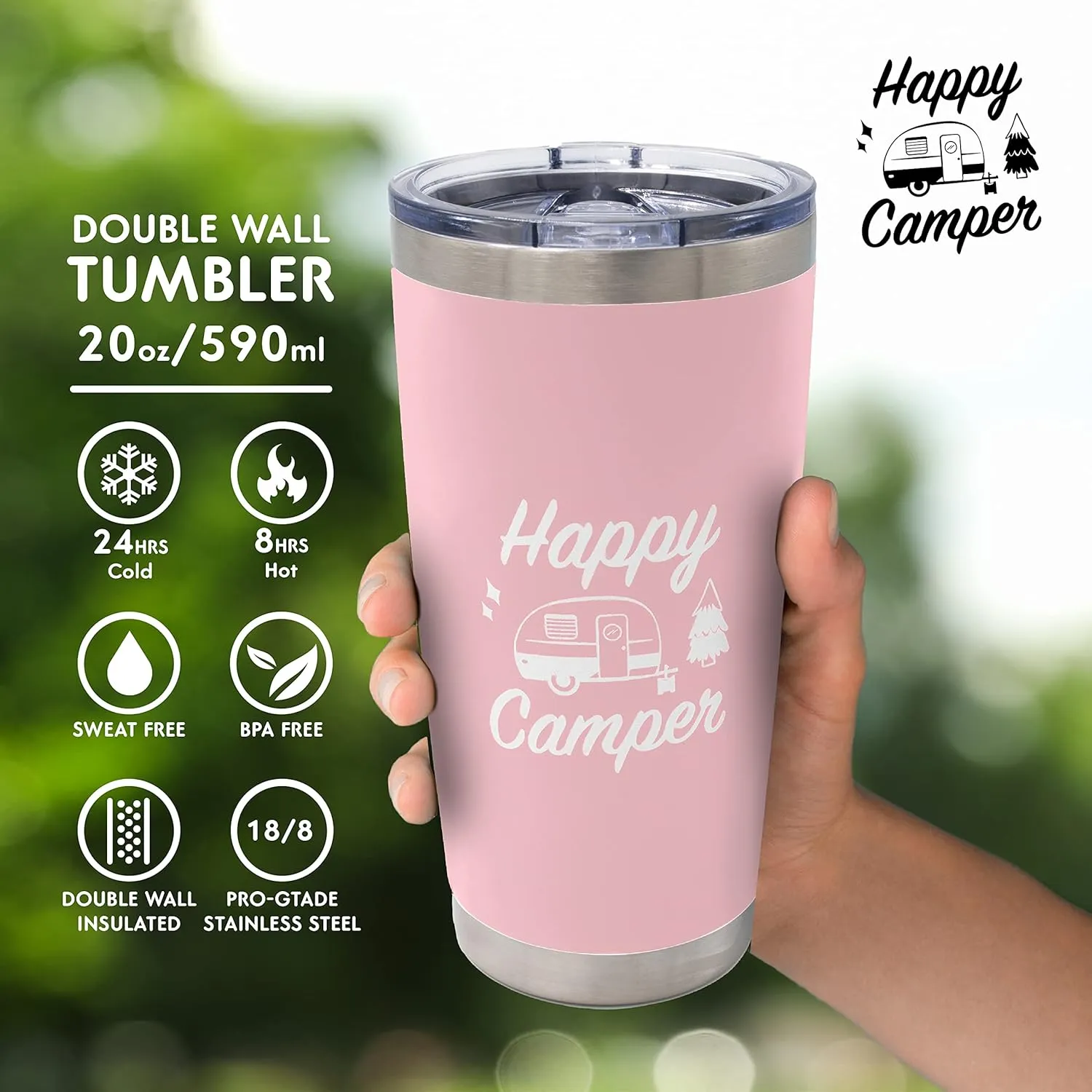 Happy Camper Stainless Steel Tumbler with Vacuum Insulated Double Wall, Splash Proof Sliding Lid Great for Hot or Cold Drinks, Outdoor Camping Travel Cup RV Gifts