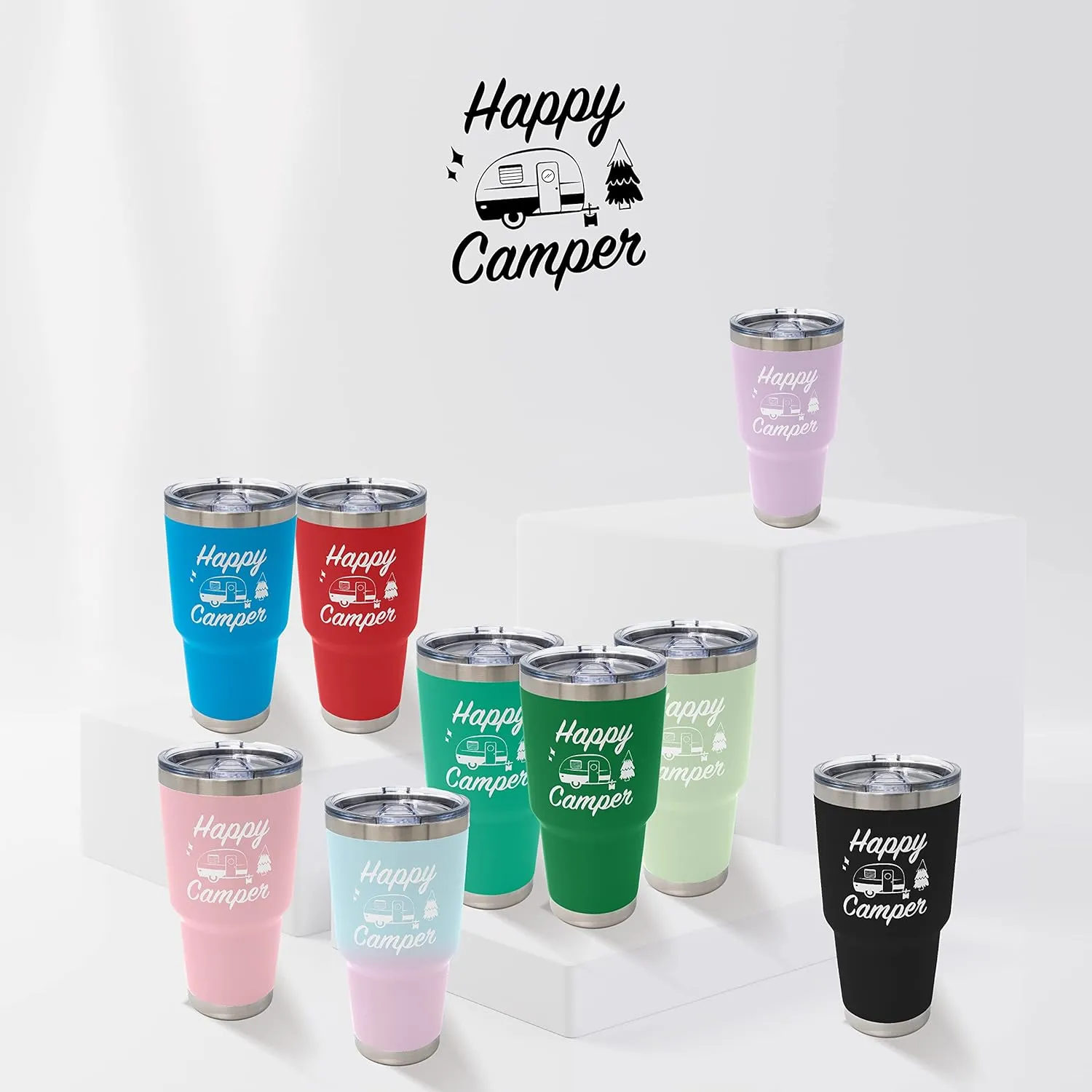 Happy Camper Stainless Steel Tumbler with Vacuum Insulated Double Wall, Splash Proof Sliding Lid Great for Hot or Cold Drinks, Outdoor Camping Travel Cup RV Gifts