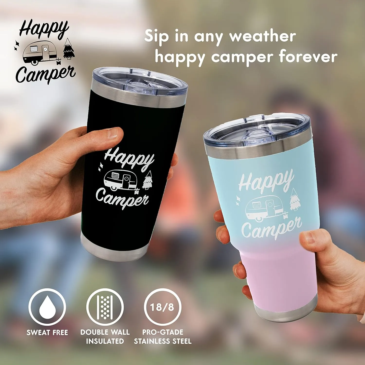 Happy Camper Stainless Steel Tumbler with Vacuum Insulated Double Wall, Splash Proof Sliding Lid Great for Hot or Cold Drinks, Outdoor Camping Travel Cup RV Gifts