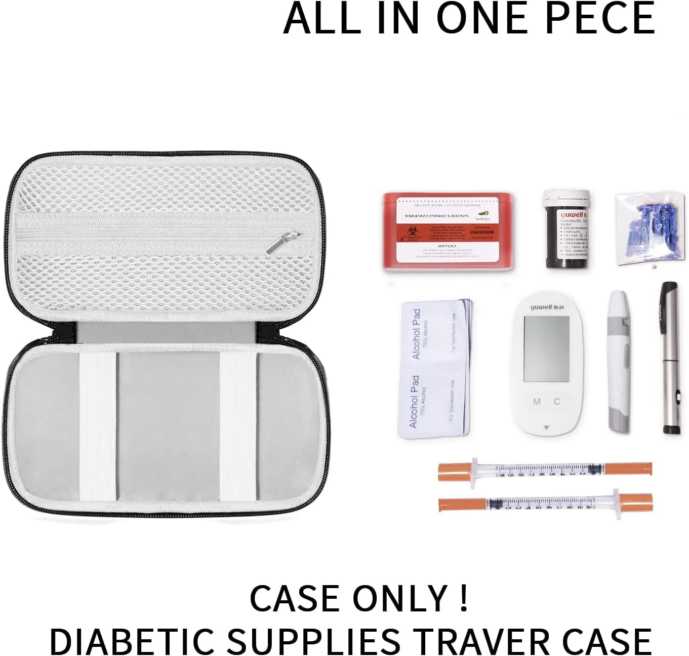 Hard Shell Diabetic Supplies Bag, Diabetic Supplies Case, Used for Carrying Glucose Monitor Kit, Blood Sugar Test Strips, Lancets, Lancing Device, Alcohol Wipe items (Black)