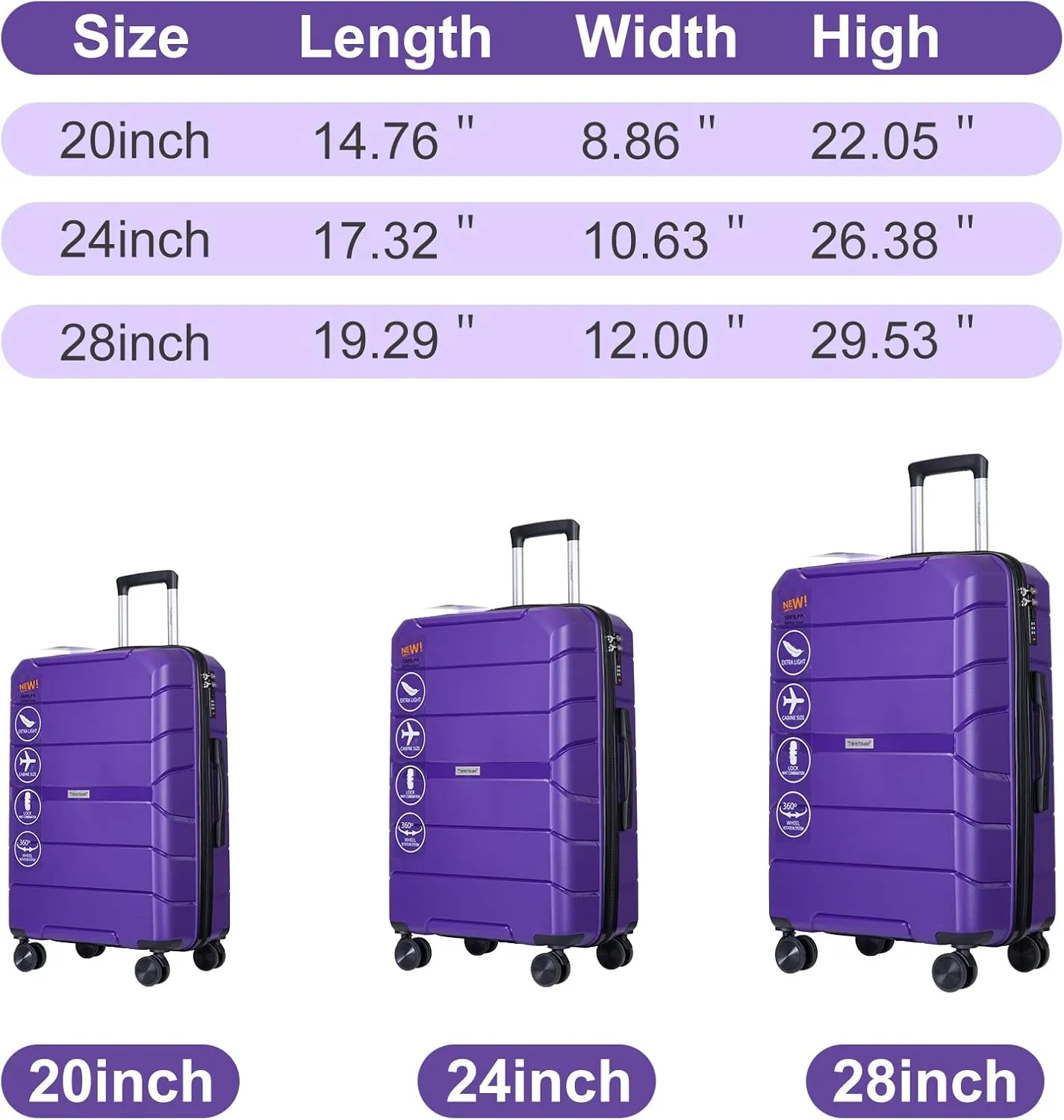 Hard Shell Luggage Sets,Hardshell Suitcase Spinner Wheels PP Luggage Sets Lightweight Suitcase with TSA Lock,3-Piece Set (20"/24"/28") (Purple)