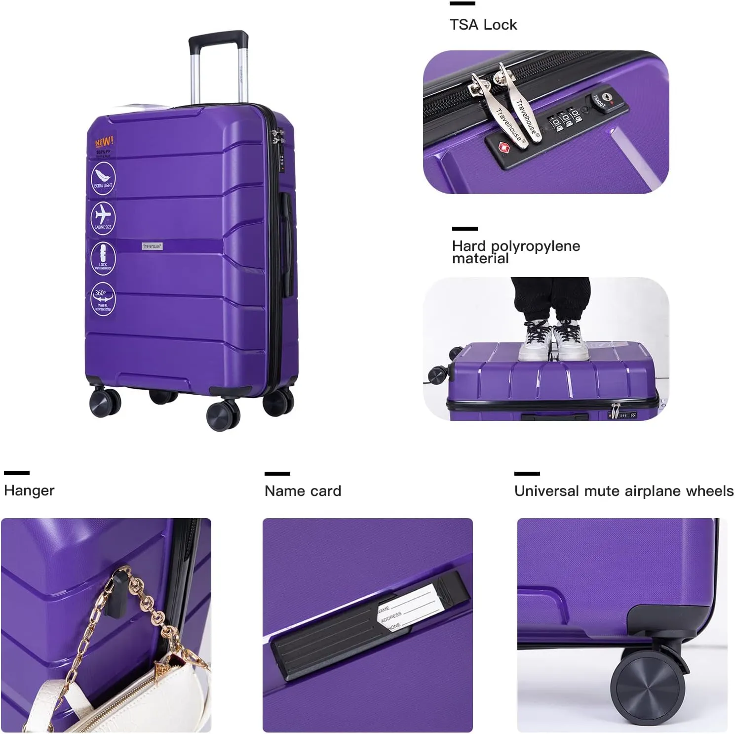Hard Shell Luggage Sets,Hardshell Suitcase Spinner Wheels PP Luggage Sets Lightweight Suitcase with TSA Lock,3-Piece Set (20"/24"/28") (Purple)