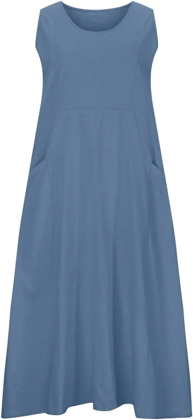 Hawaiian Dresses for Women Summer Casual Short Sleeve Cotton Linen Sundresses Oversized Flowy Dress with Pockets