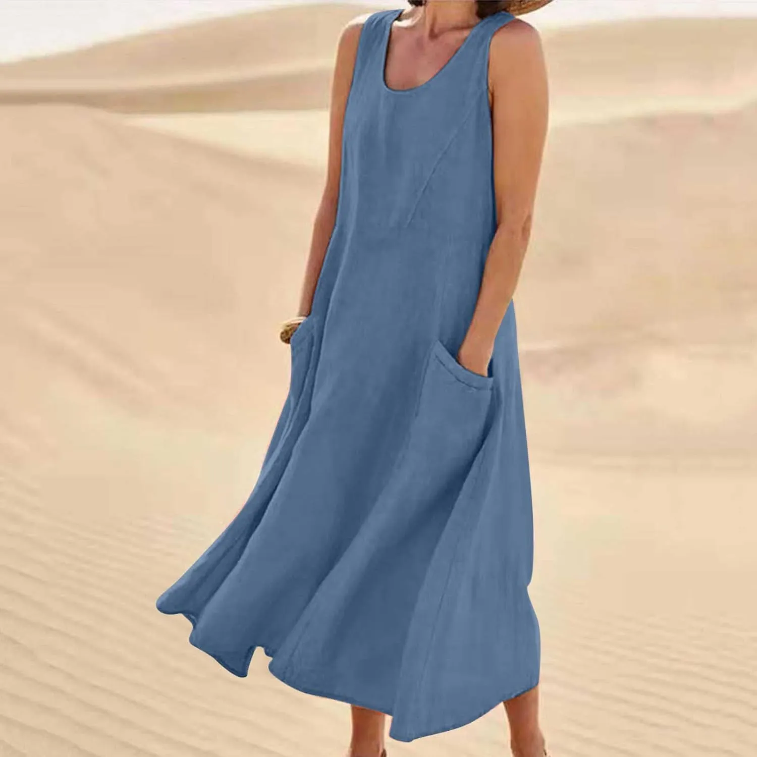 Hawaiian Dresses for Women Summer Casual Short Sleeve Cotton Linen Sundresses Oversized Flowy Dress with Pockets