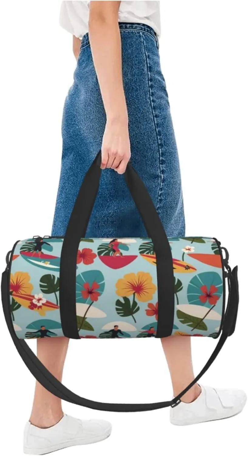 Hawaiian Surfer on Wavy Printed Travel Bag,Round Personal Item Storage bag,Foldie Duffel Bag for Traveling Vacation,Fitness,Sports