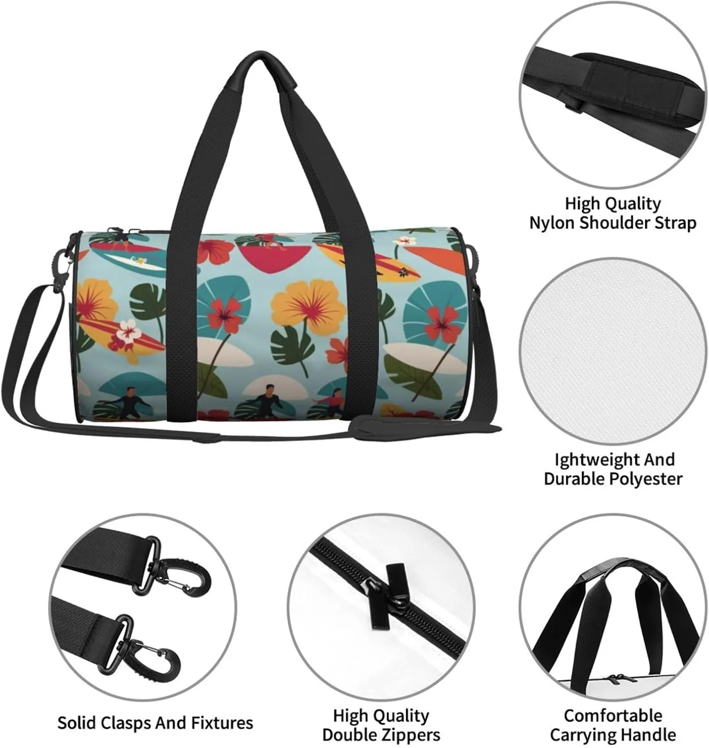 Hawaiian Surfer on Wavy Printed Travel Bag,Round Personal Item Storage bag,Foldie Duffel Bag for Traveling Vacation,Fitness,Sports