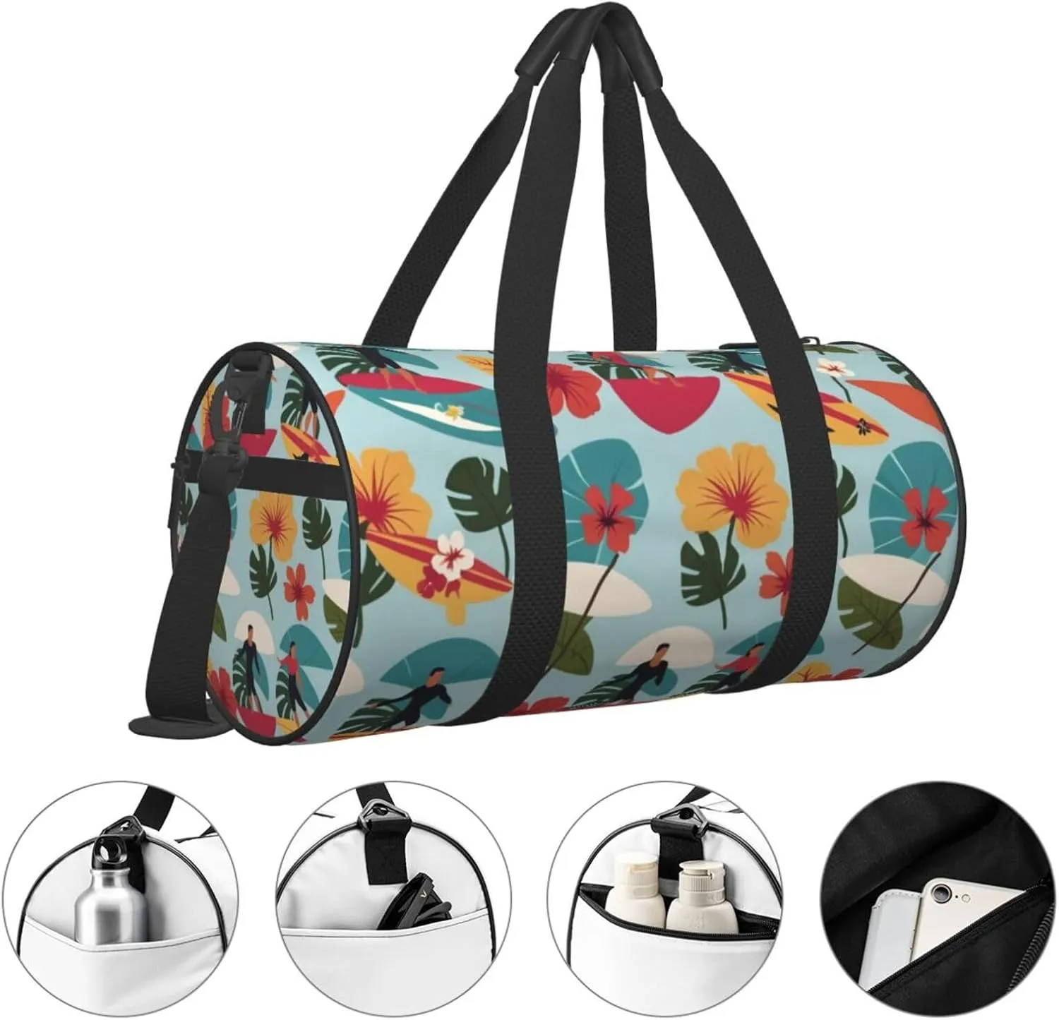 Hawaiian Surfer on Wavy Printed Travel Bag,Round Personal Item Storage bag,Foldie Duffel Bag for Traveling Vacation,Fitness,Sports