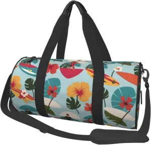 Hawaiian Surfer on Wavy Printed Travel Bag,Round Personal Item Storage bag,Foldie Duffel Bag for Traveling Vacation,Fitness,Sports