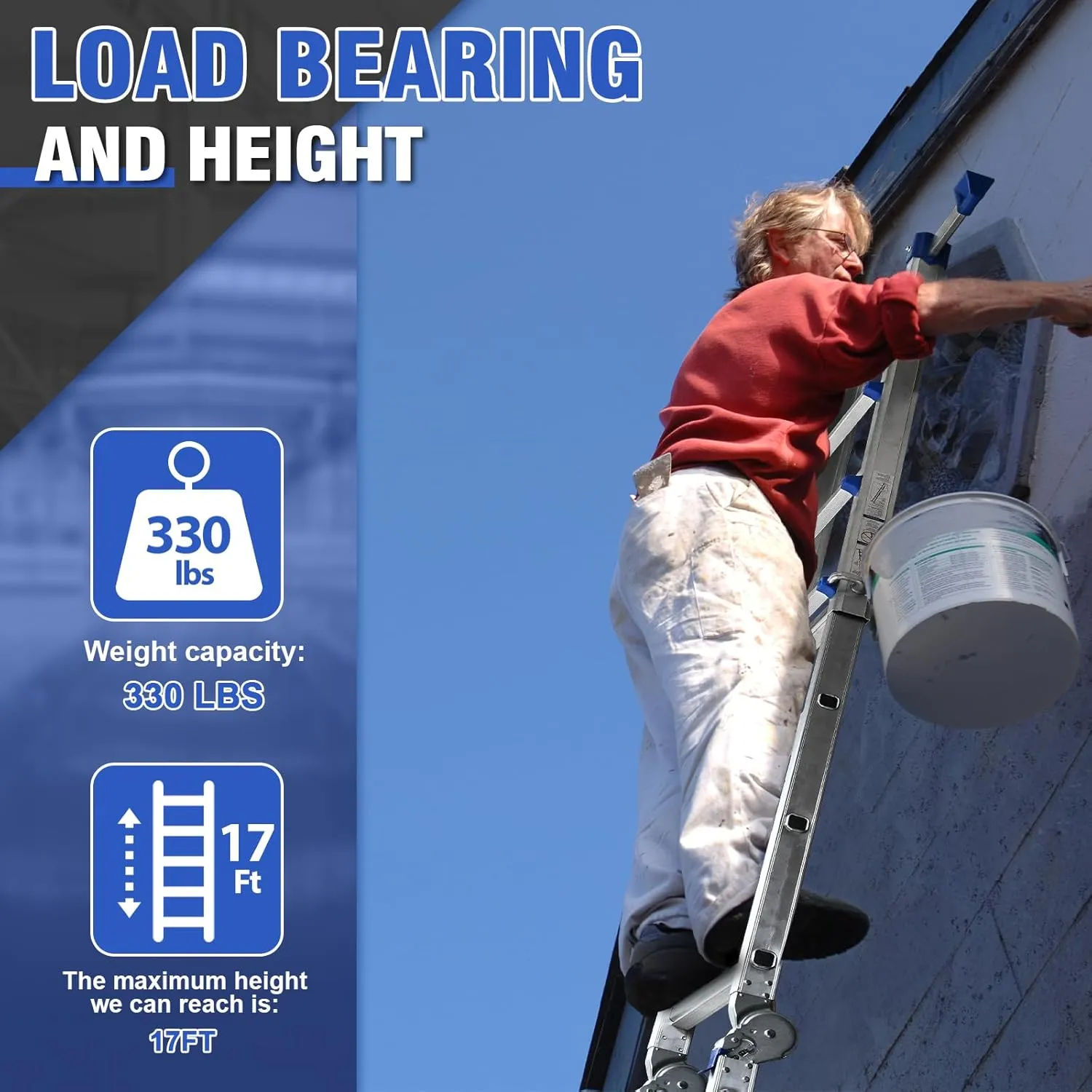HBTower A Frame 4 Step Extension Ladder 17 Ft, Multi Position Ladder with Removable Tool Tray and Stabilizer Bar, 330 lbs Capacity for Household and Outdoor Work