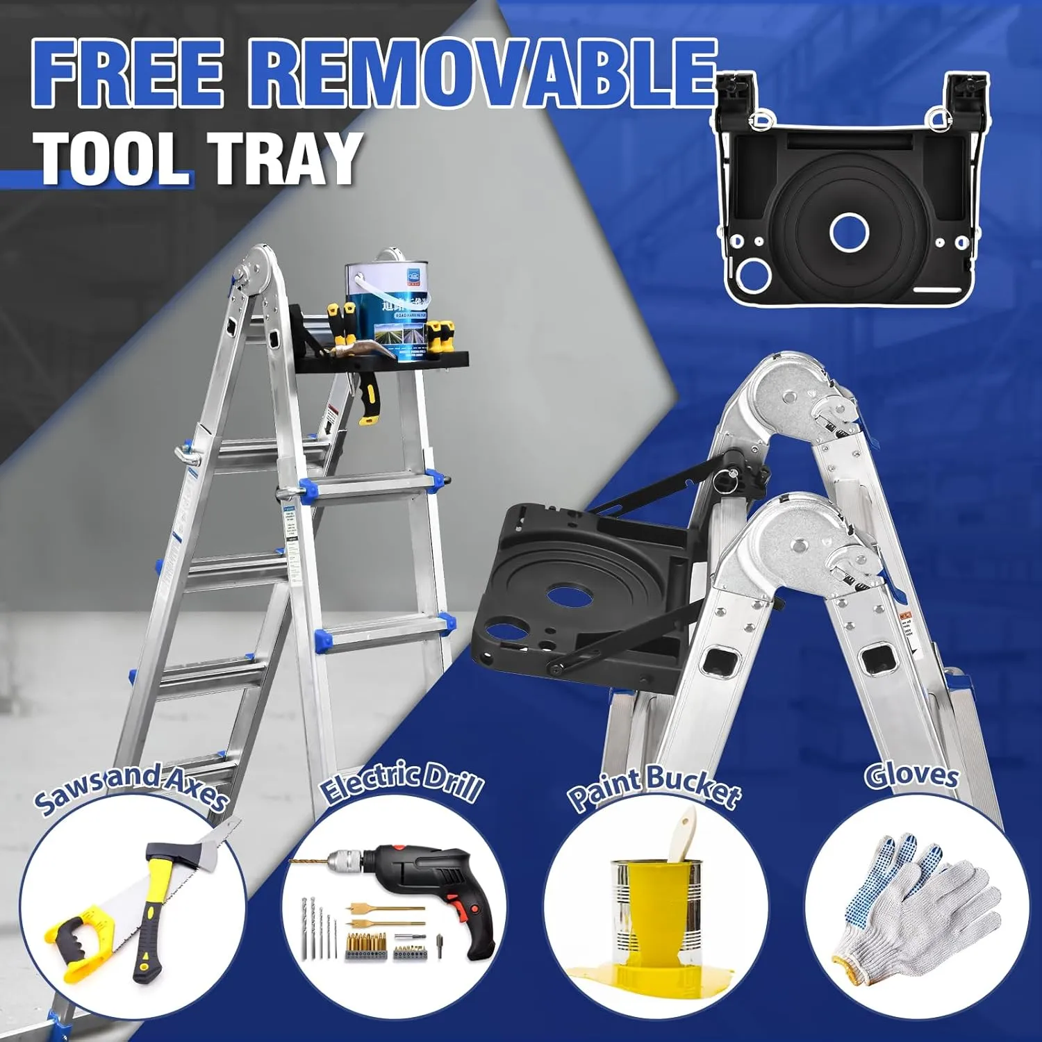 HBTower A Frame 4 Step Extension Ladder 17 Ft, Multi Position Ladder with Removable Tool Tray and Stabilizer Bar, 330 lbs Capacity for Household and Outdoor Work