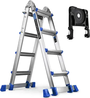HBTower A Frame 4 Step Extension Ladder 17 Ft, Multi Position Ladder with Removable Tool Tray and Stabilizer Bar, 330 lbs Capacity for Household and Outdoor Work