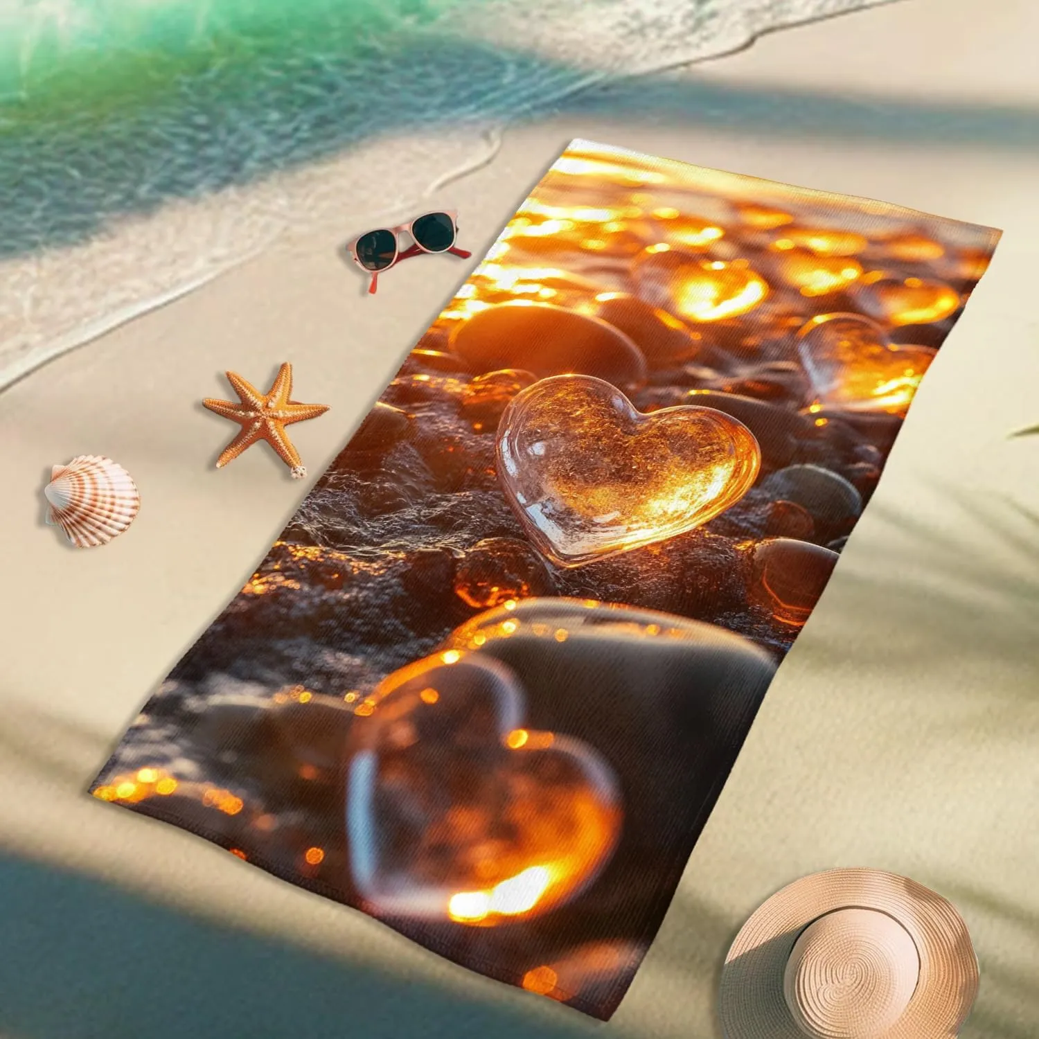 Heart Shaped Ocean Glass Beach Towel Amber Glass Stones, Quick Dry Soft Absorbent Sand Free Lightweight Beach Blanket, Summer Vacation Picnic Essentials 62x31 Inch