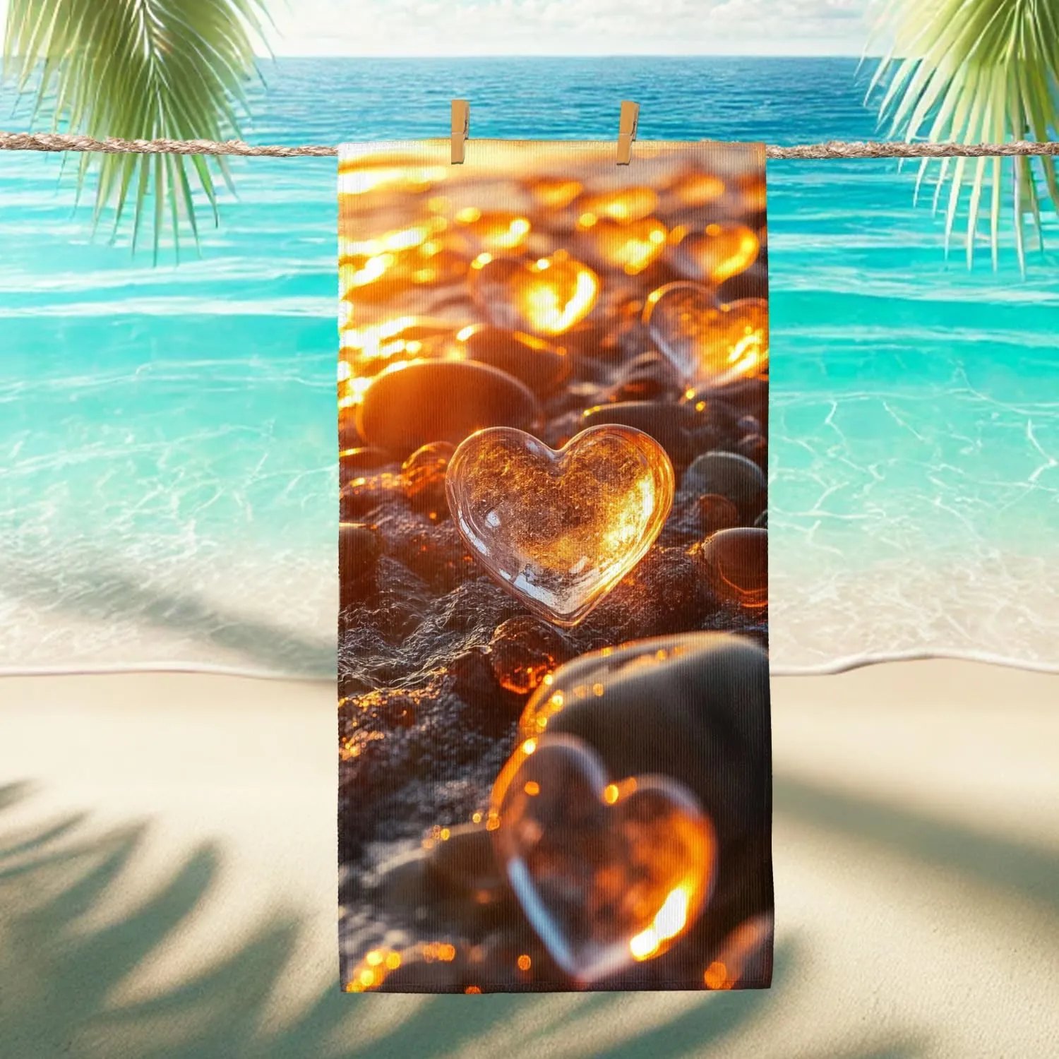 Heart Shaped Ocean Glass Beach Towel Amber Glass Stones, Quick Dry Soft Absorbent Sand Free Lightweight Beach Blanket, Summer Vacation Picnic Essentials 62x31 Inch