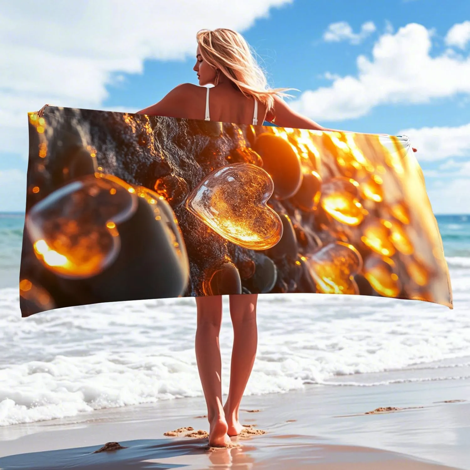 Heart Shaped Ocean Glass Beach Towel Amber Glass Stones, Quick Dry Soft Absorbent Sand Free Lightweight Beach Blanket, Summer Vacation Picnic Essentials 62x31 Inch