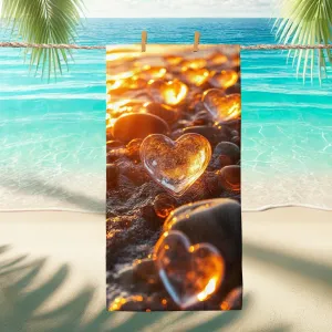 Heart Shaped Ocean Glass Beach Towel Amber Glass Stones, Quick Dry Soft Absorbent Sand Free Lightweight Beach Blanket, Summer Vacation Picnic Essentials 62x31 Inch