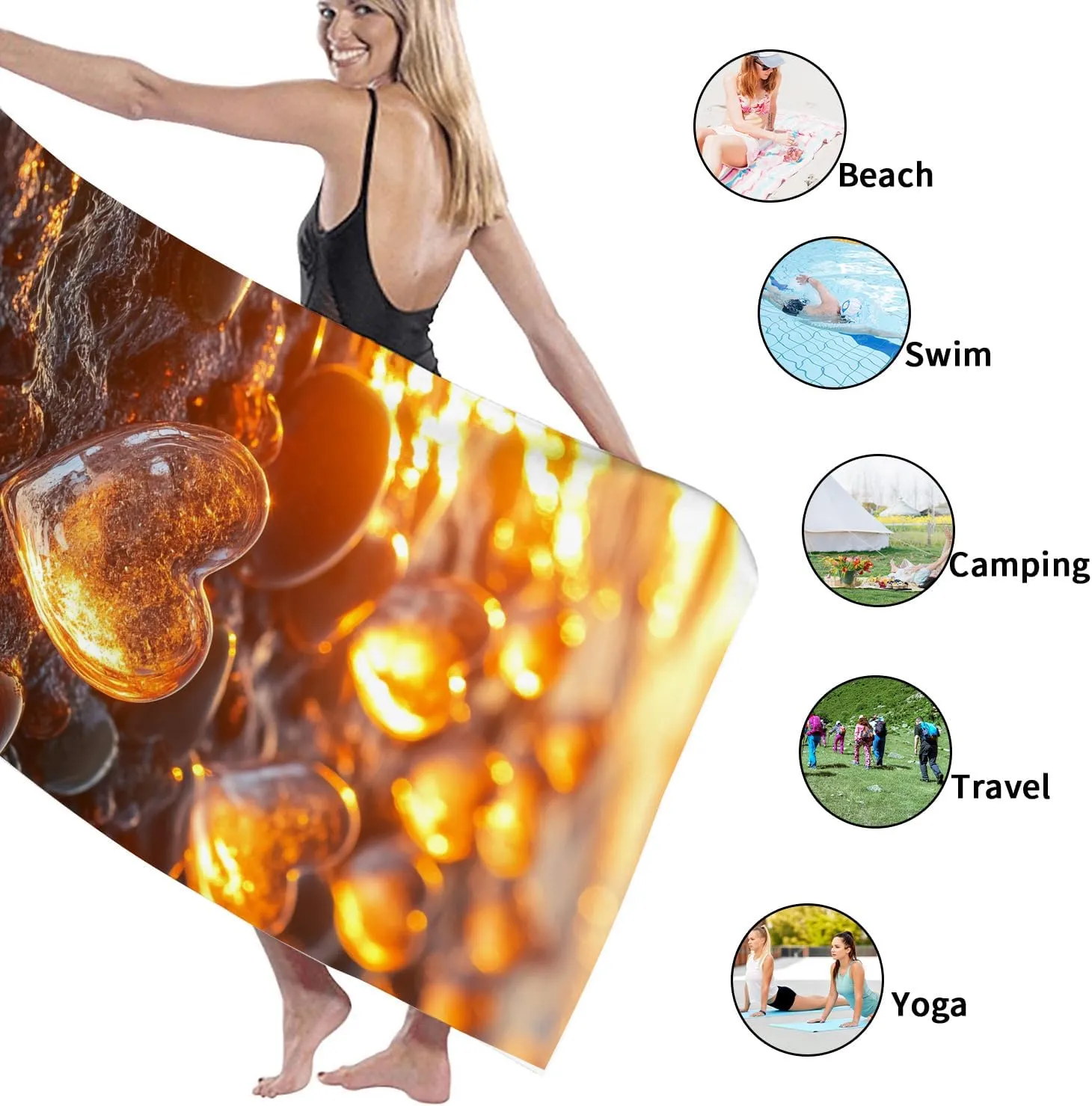 Heart Shaped Ocean Glass Beach Towel Amber Glass Stones, Quick Dry Soft Absorbent Sand Free Lightweight Beach Blanket, Summer Vacation Picnic Essentials 62x31 Inch