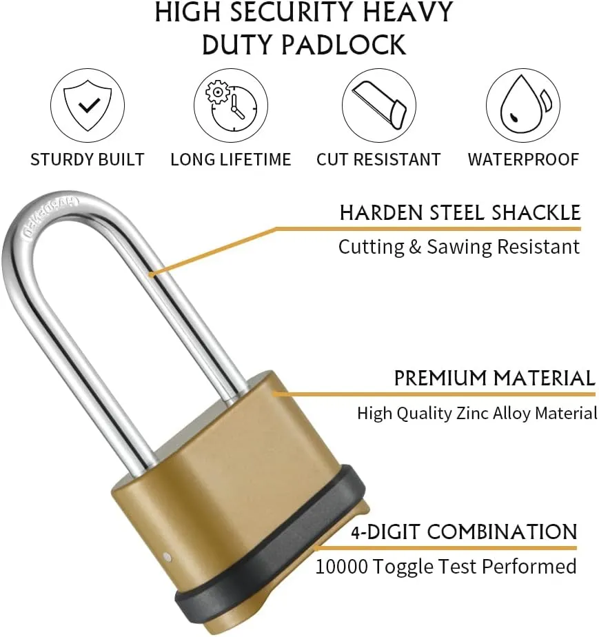Heavy Duty Combination Lock, 4-Digit Combo Lock with Long Shackle,Weatherproof Combination Padlock for Outdoor Use,4 Pack