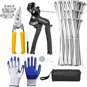 Heavy Duty Metal Zip Ties Gun Kit for Fastening Cutting,200PCS Self-locking Uv Resistant Stainless Steel Cable Ties Tool Set for Outdoor Fence, Exhaust Pipe,with 20PCS Screw Hole (8PCS Set)