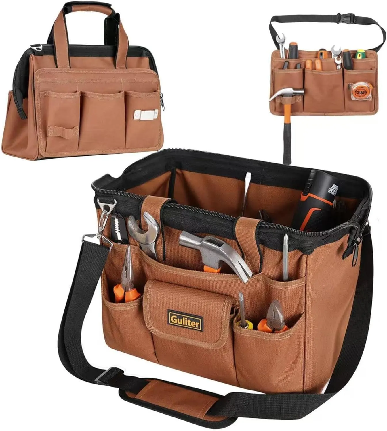 Heavy Duty Tool Bag 14-Inch,22-Pocket Wide Mouth Soft Tool Box Organizer,Detachable Tool Belt Pouch with Adjustable Shoulder Strap and Waist Belt,Multifunction Carrying Toolbag for Men/Women
