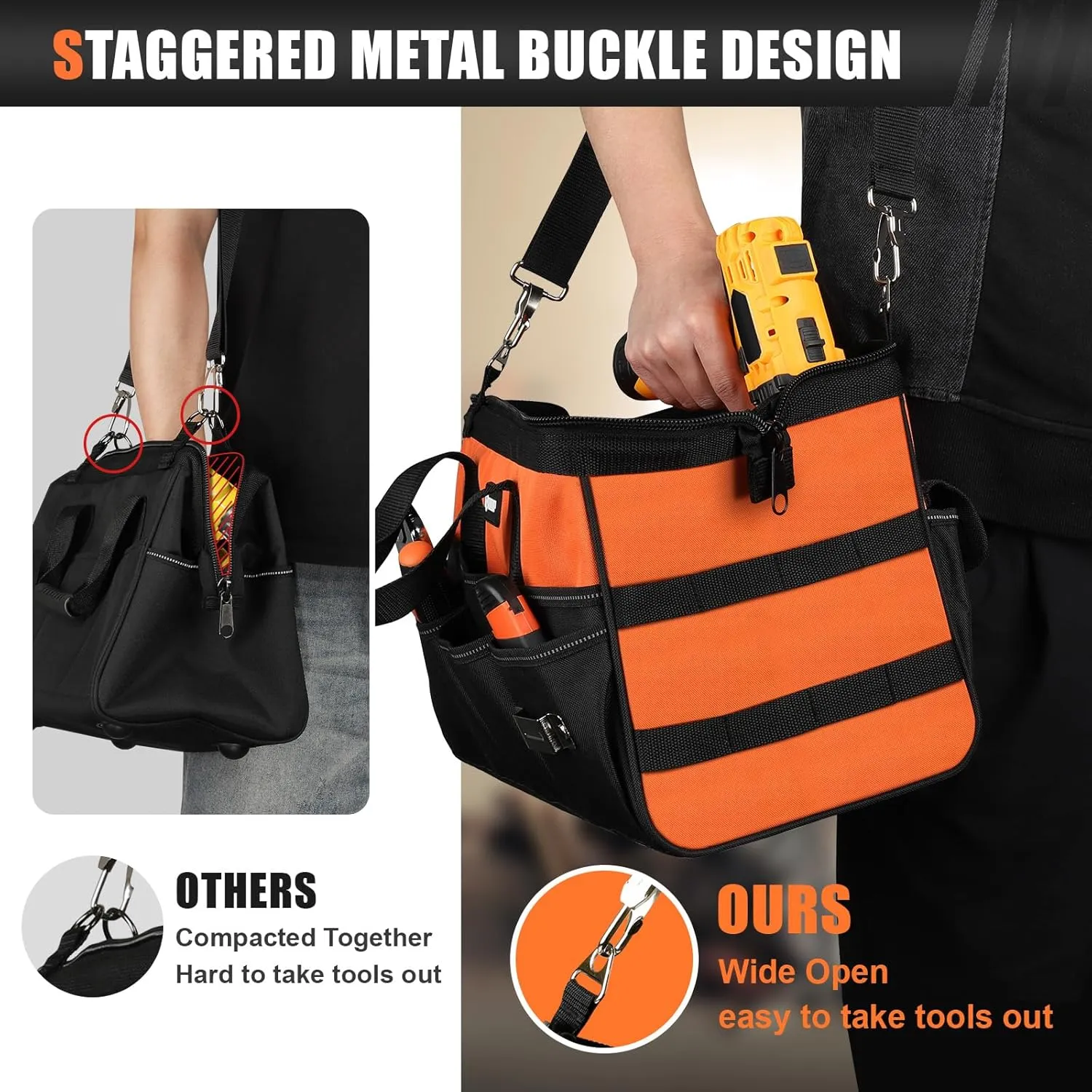 Heavy Duty Tool Bag 15-Inch, 16-Pocket Portable Soft Tool Box Organizer Storage, Handle Tactical Carry Tote Empty Toolbox with Large Zipper, Father Day Dad Men Gift for Mechanic Engineer, Orange