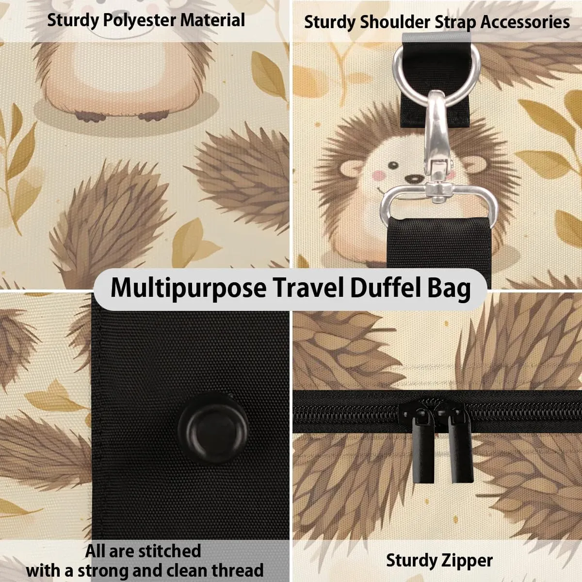 Hedgehog Print Travel Duffel Bag for Women Men Waterproof Foldable Overnight Weekender Bag Large Capacity Sports Gym Bag