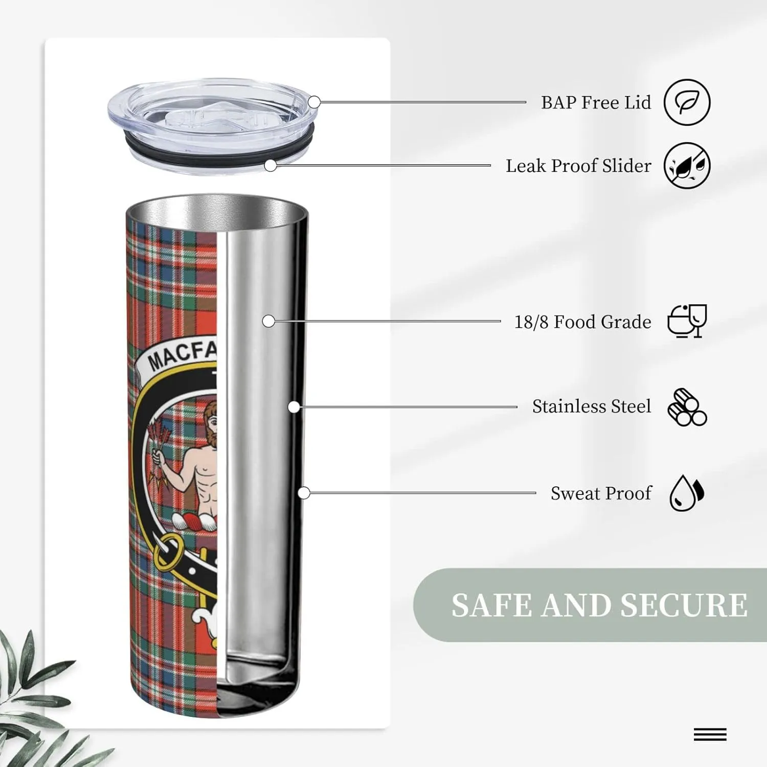 Hei Bai.JZQ Insulated Tumbler with Lids and Straws, MacFarlane Tartan Clan Badge Stainless Steel Mug Coffee Cup Thermal Travel 20oz