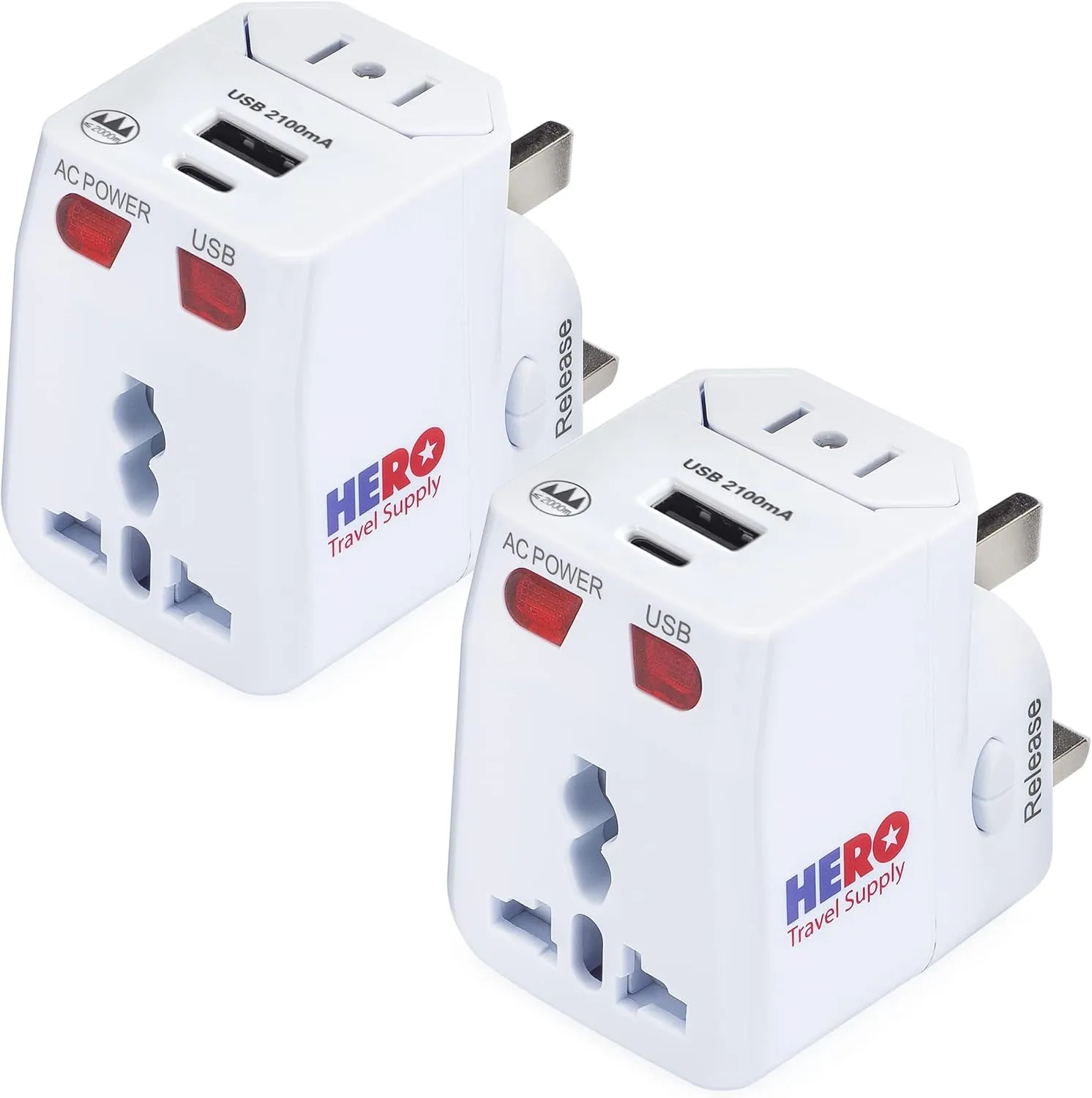 Hero Universal Travel Adapter (1 USB-C & 1 USB-A Port) Power Plug for US Europe France UK Ireland Thailand NZ Australia 100  Countries (2-Pack)