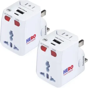 Hero Universal Travel Adapter (1 USB-C & 1 USB-A Port) Power Plug for US Europe France UK Ireland Thailand NZ Australia 100  Countries (2-Pack)