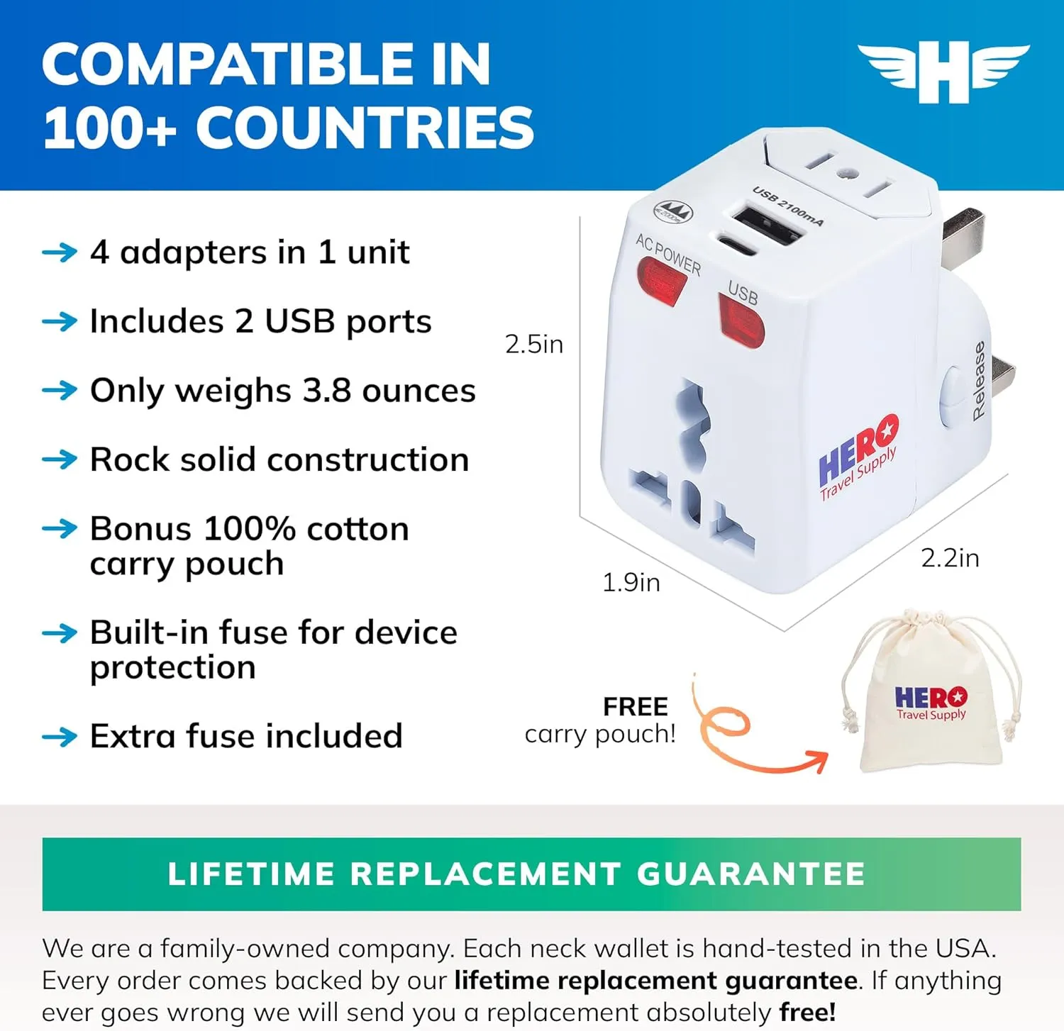 Hero Universal Travel Adapter (1 USB-C & 1 USB-A Port) Power Plug for US Europe France UK Ireland Thailand NZ Australia 100  Countries (2-Pack)