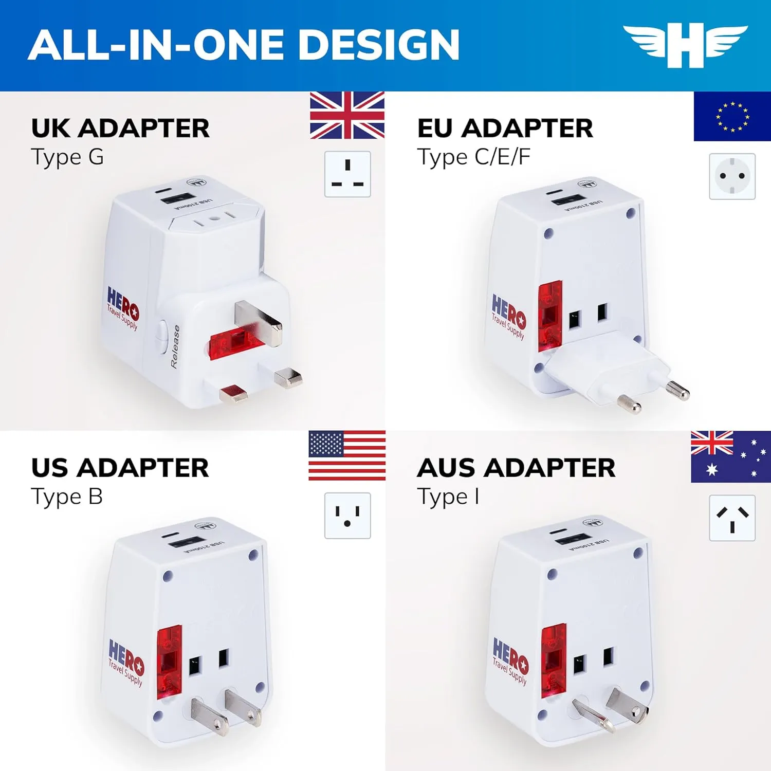 Hero Universal Travel Adapter (1 USB-C & 1 USB-A Port) Power Plug for US Europe France UK Ireland Thailand NZ Australia 100  Countries (2-Pack)