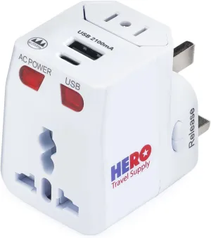 Hero Universal Travel Adapter (USB-C & 1 USB-A Port) Power Plug for US Europe France UK Ireland Thailand NZ Australia 100  Countries (1-Pack)