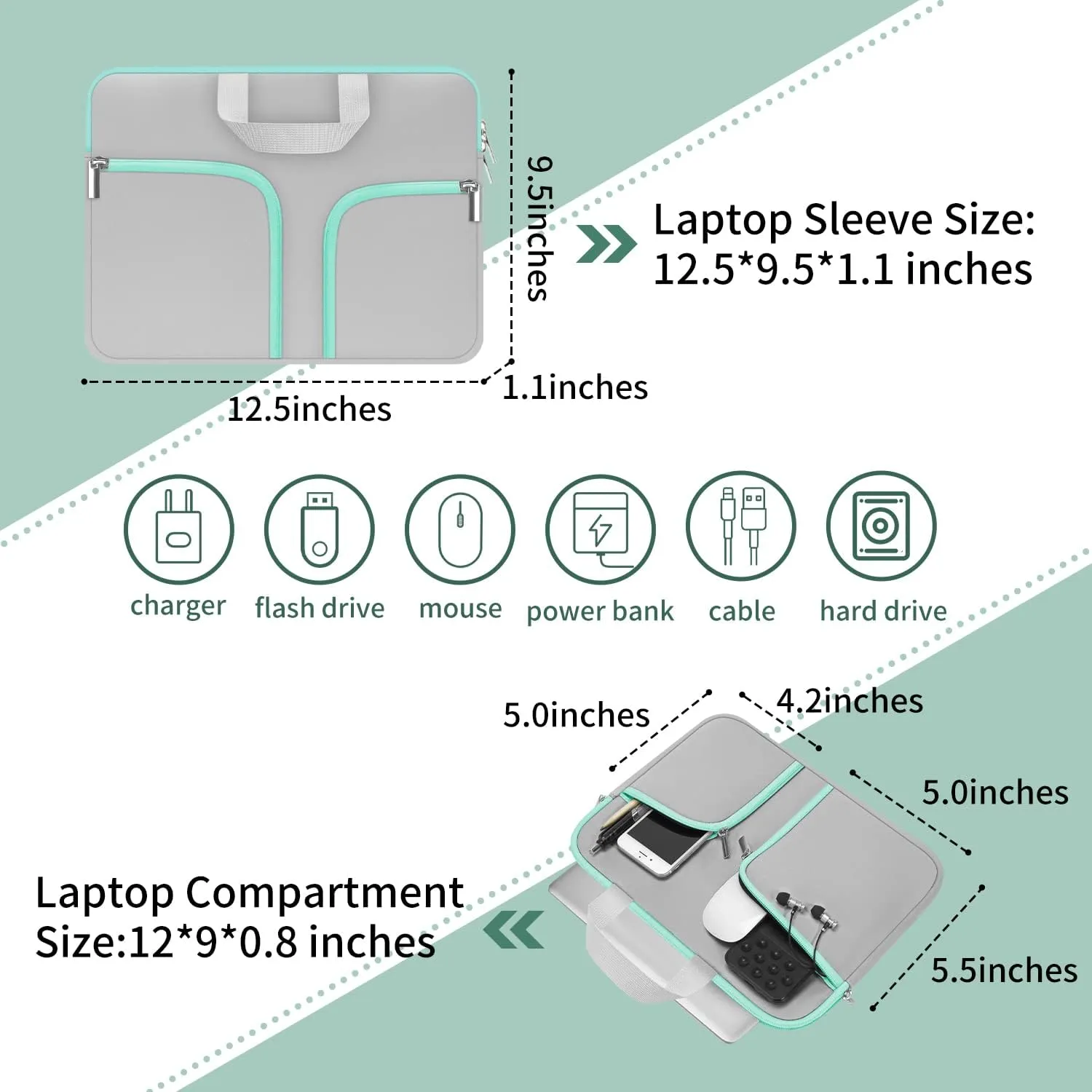 HESTECH Chromebook Case,11.6-12.3 Laptop Sleeve Neoprene Computer HandBag Protective Cover for Acer R11/Spin 311/HP Stream/Samsung/Surface X/7/6/5/4/3/Go 12.4"/13 inch MacBook Air/Pro M2 M1,Gray Green