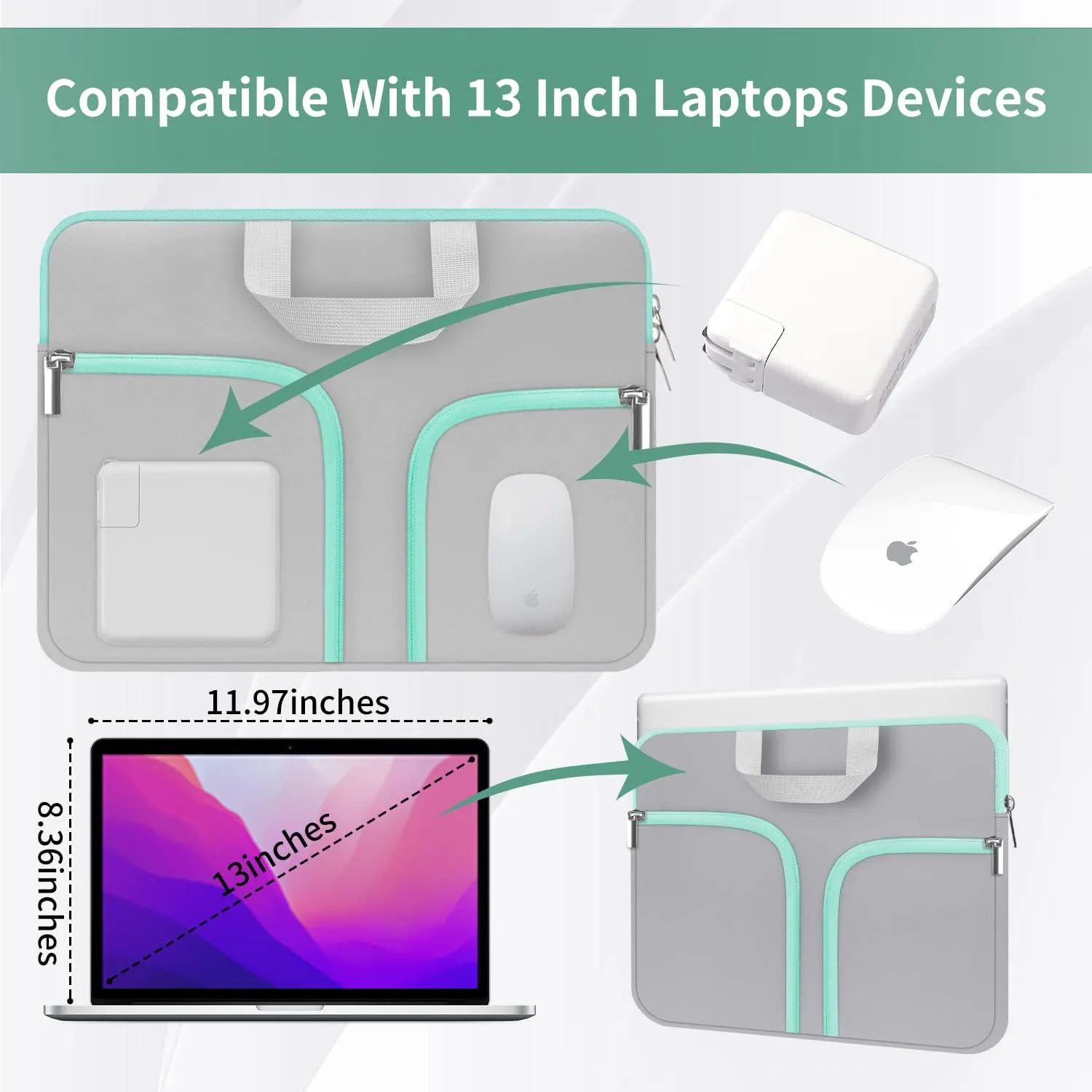 HESTECH Chromebook Case,11.6-12.3 Laptop Sleeve Neoprene Computer HandBag Protective Cover for Acer R11/Spin 311/HP Stream/Samsung/Surface X/7/6/5/4/3/Go 12.4"/13 inch MacBook Air/Pro M2 M1,Gray Green