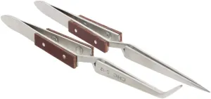 Heyiarbeit Stainless Steel Straight Tweezers With Reverse Wooden Handle Tweezers Bent and Straight Reverse Action for Electronics Jewelry-Making Laboratory Hobby 1Set